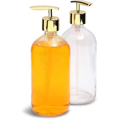 2pcs 16oz Clear Glass Kitchen Bathroom Hand Soap Dispenser Bottle (Gold Pump) - Gold