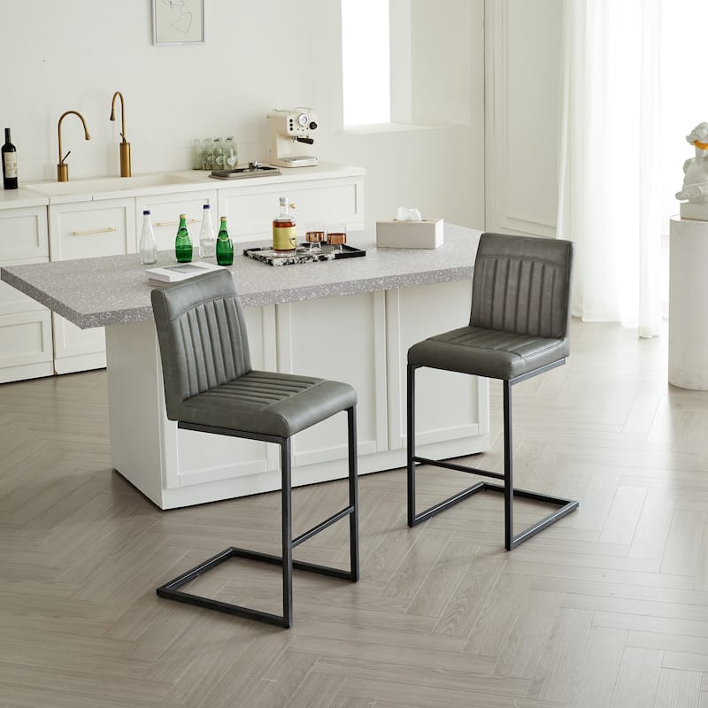 Set of 2 Gray Faux Leather Bar Stools, Vertical Tufted Backrest with Black Metal Frame & Footres