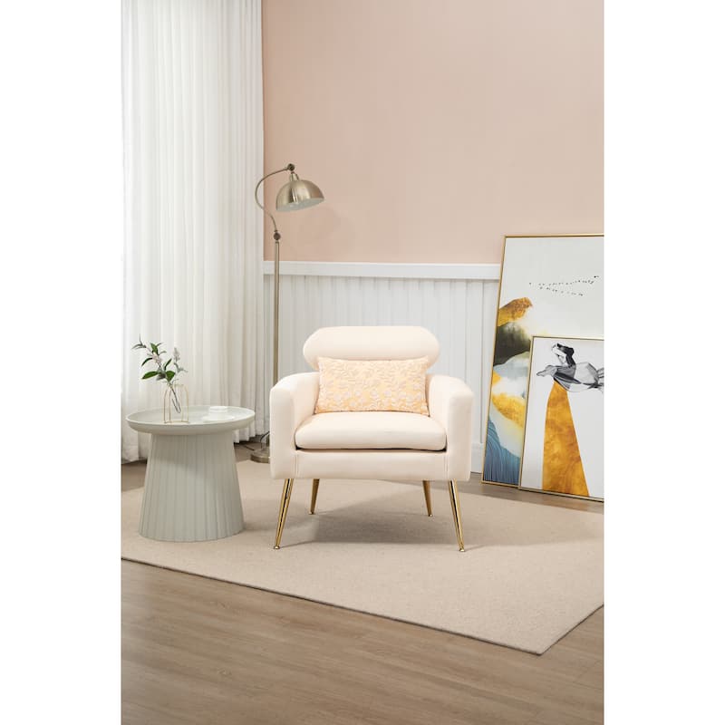 Velvet Upholstered Accent Chair With A Pillow - Beige