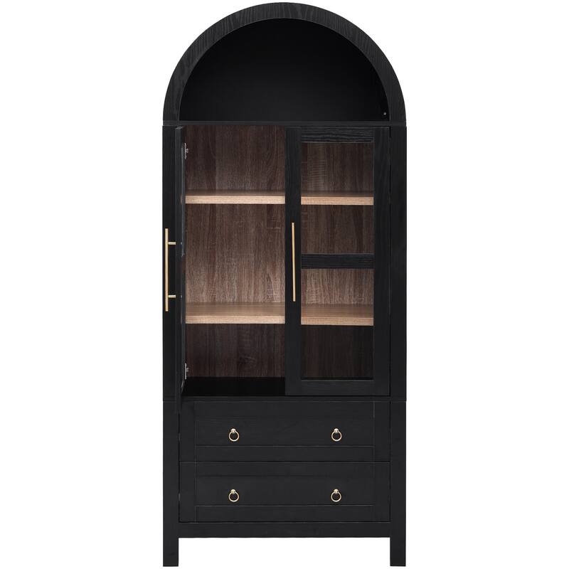 Anmytek 71" Arched Tall Pantry Cabinet, Glass Doors & 2 Drawers, Modern Farmhouse Storage Cupboard, Black