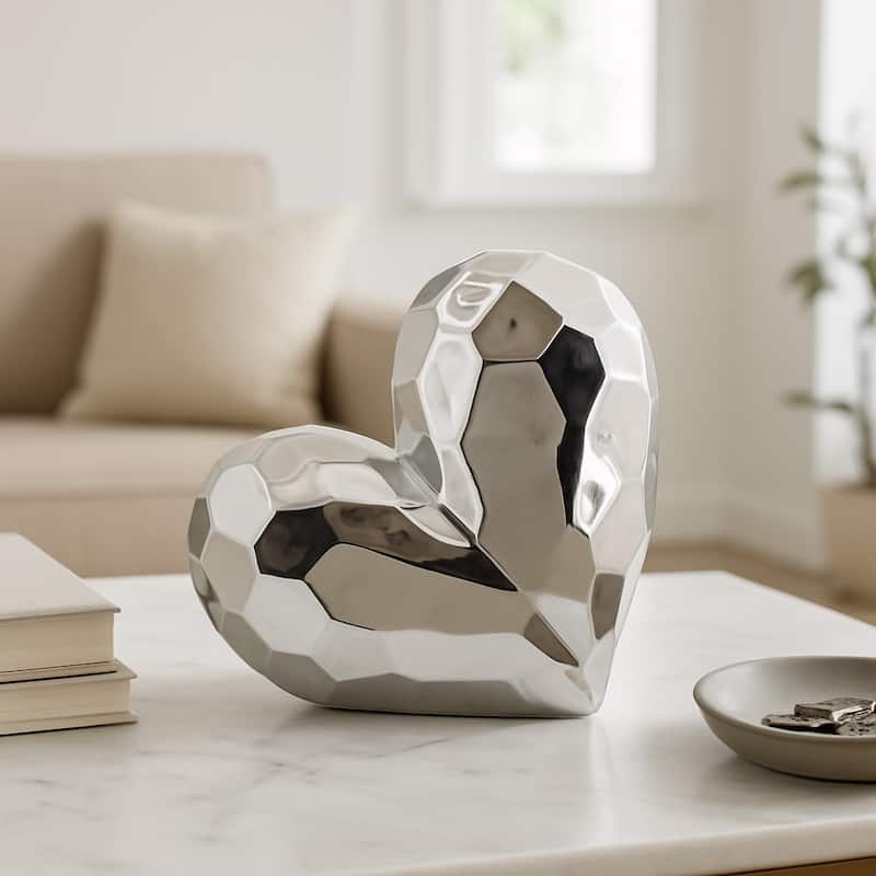 Modern Stone Ceramic Geometric Heart Sculpture - Silver - 8" x 3" x 8"