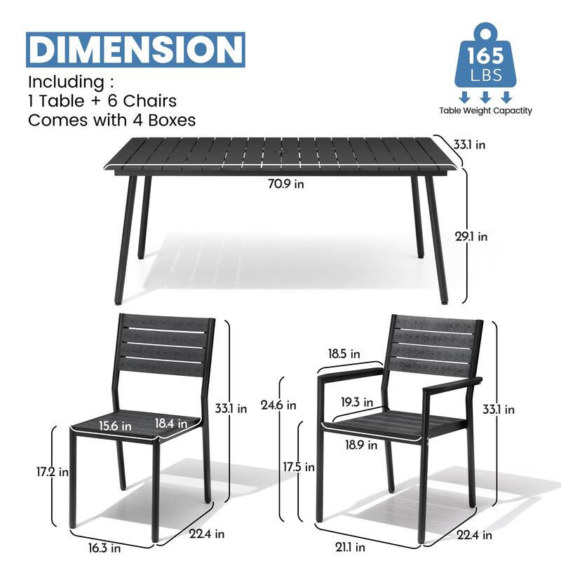 7-Piece Outdoor Patio Dining Set Wood-Like Table Top Alumium Umbrella Hole Table with Stackable Chairs