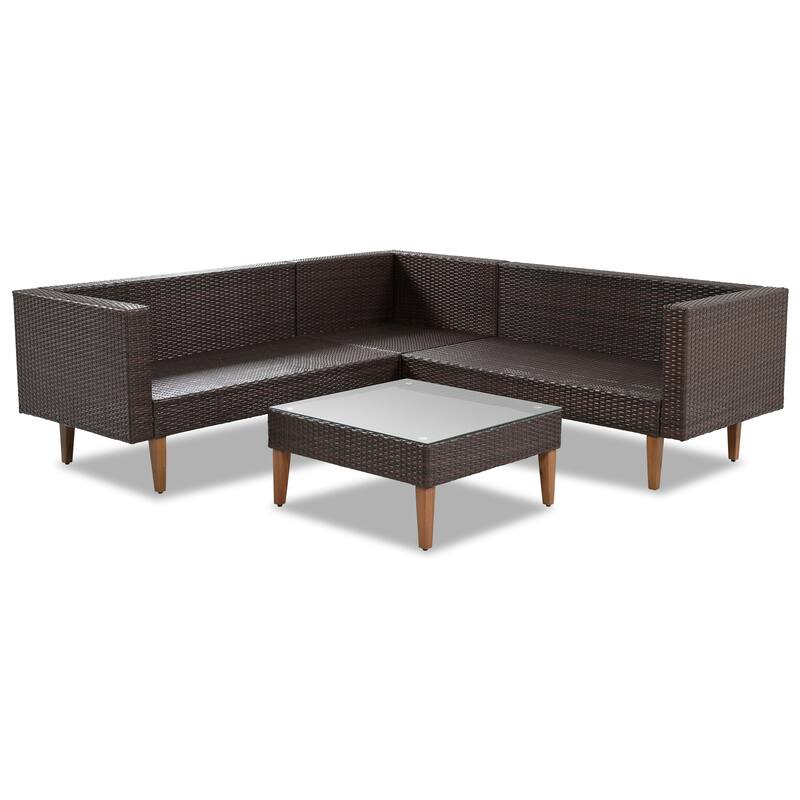 4 Piece Outdoor Furniture Set, All Weather Conversation Set, L-Shape Wicker Sofa Set with Pillows and Coffee Table