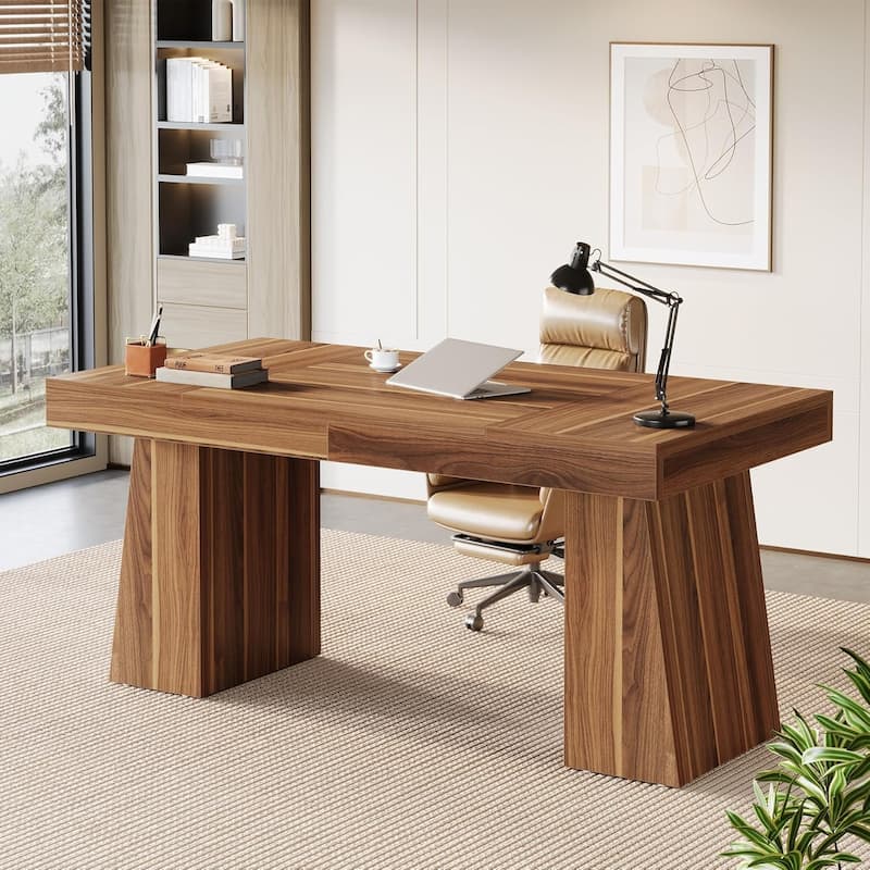 55" Modern Executive Desk, Large Home Office Desk with Double Pedestal - Walnut Brown