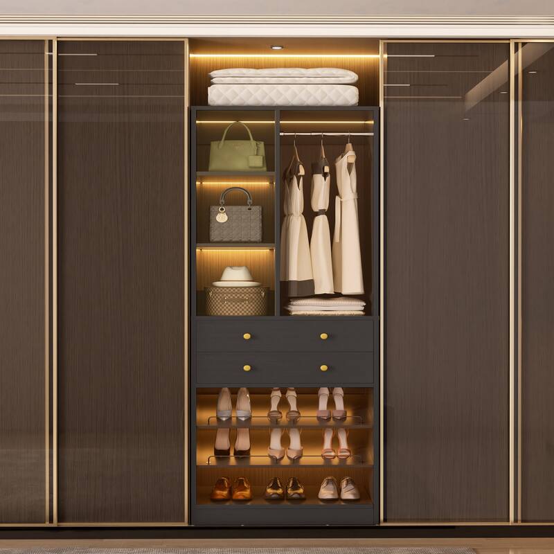 Grimm 28'' Closet Organizer with Shoe Racks and Drawers, Closet System with Hanging Rod and Adjustable Shelves - 1pc - Black