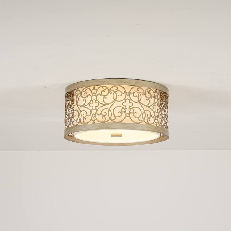 2-Light Mid-Century Modern Unqiue Handcrafted Sunset Gold Flush Mount Light with White Fabric Shade for Living Room & Bedroom - 14.7 in. W x 6.8 in. H x 14.7 in. D - Gold/White