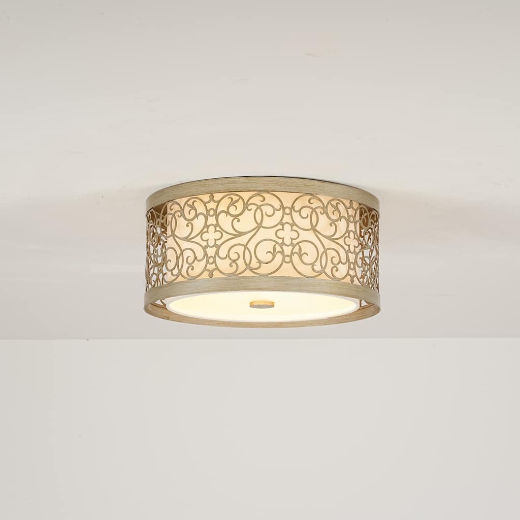 2-Light Mid-Century Modern Unqiue Handcrafted Sunset Gold Flush Mount Light with White Fabric Shade for Living Room & Bedroom