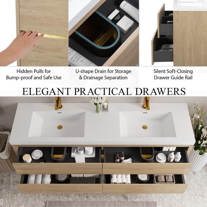 ABRUZZO 72" Floating Bathroom Vanity Double Sink with Stone Resin Top Four Soft Close Drawers