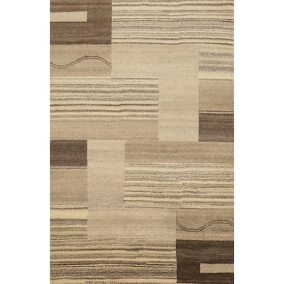 Hand Knotted Oriental 100% Wool Carpet Modern Geometric Beige & Ivories Gabbeh Area Rug - 6' 6'' X 4' 7''