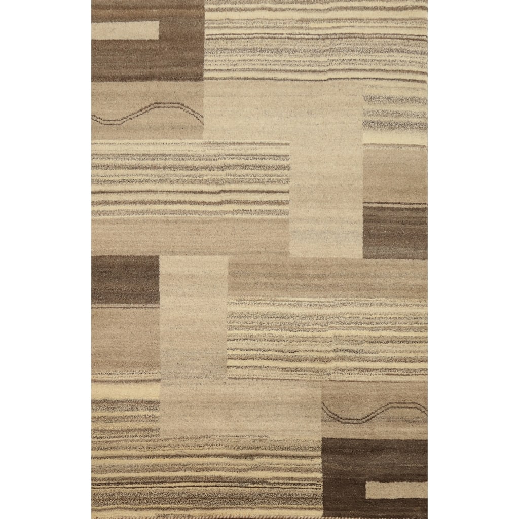 Hand Knotted Oriental 100% Wool Carpet Modern Geometric Beige & Ivories Gabbeh Area Rug - 6' 6'' X 4' 7''