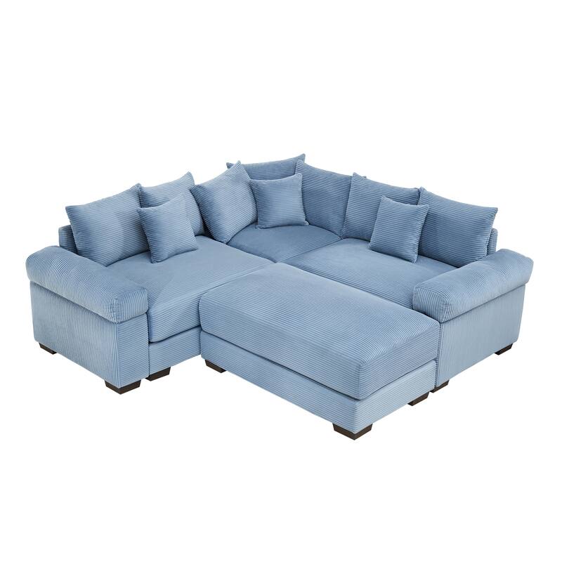 GDFStudio - Corduroy 3-Seater 79.1" Cloud Modular Sectional Couch with Ottoman