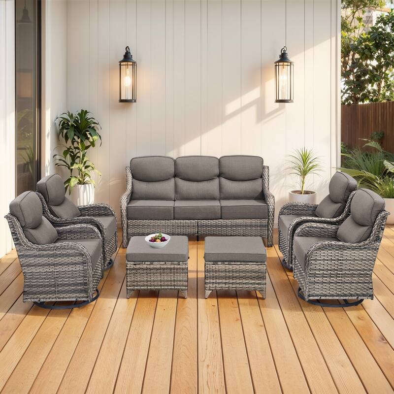 Gymojoy 7-Piece Patio Furniture Set with Swivel Glider Chairs, 6-Inch Ultra-Plush Cushions & Water-Resistant Olefin Fabric - Grey Wicker / Grey Cusion - 7-Piece