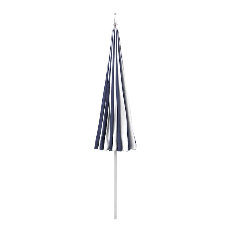 California Umbrella 8.5' Pagoda Series Patio Umbrella White Aluminum Pole Push Lift Sunbrella Natural and Pacific Blue
