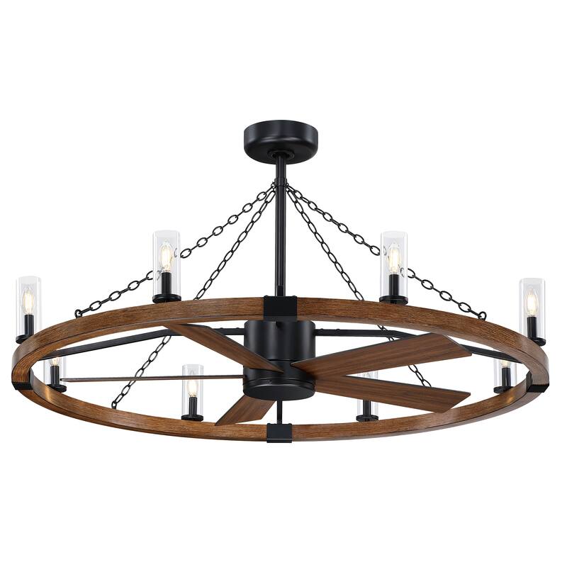 52" Farmhouse Black Wagon Wheel Caged Chandelier Ceiling Fan with Light and Remote