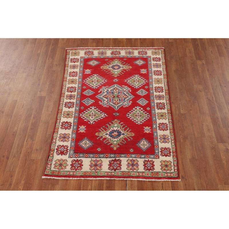 Red Kazak Oriental Accent Rug Hand-Knotted Wool Carpet - 3'5" x 4'11"