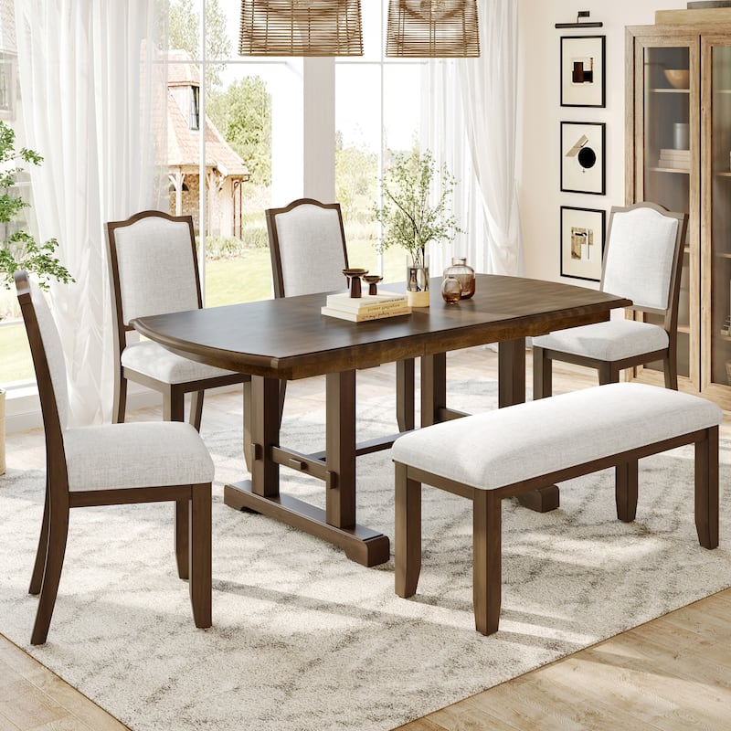 Roomfitters 6-Piece Extendable Dining Table Set, 60-78 Inch Wooden Kitchen Table with Leaf, 4 Upholstered Chairs & Bench
