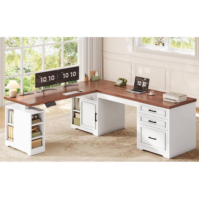 Electric Standing Desk Height Adjustable Computer Desk 3 Drawers Storage Shelves - White - 19.7"D x 67"W
