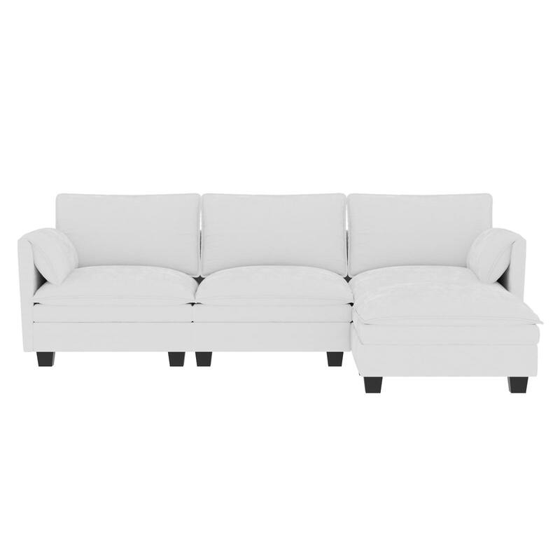 L-Shaped Sectional Sofa with Movable Ottoman, Fabric Upholstered 3 Seater Sofa, Deep Seat Sofa with Side Pockets