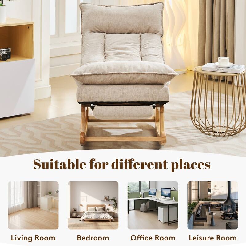 Fabric Upholstered Rocking Chair with Solid Wood Base and Hidden Footrest – Ergonomic Dual-Cushion Design