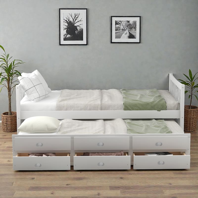 Daybed with Trundle and 3 Drawers, Solid Wood Twin/Full Daybed with Storage, Space-Saving Guest Bed - White - Twin
