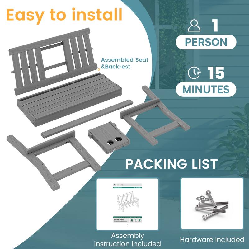 HDPE 2 Person Patio Bench with foldable Cup Holder and Functional Center Panel