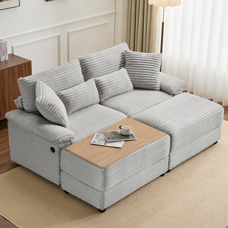 Double Chaise Lounge Set with Reversible Ottoman - Soft Corduroy Fabric, Storage Ottomans,USB Port, Multi-Functional Seat/Table