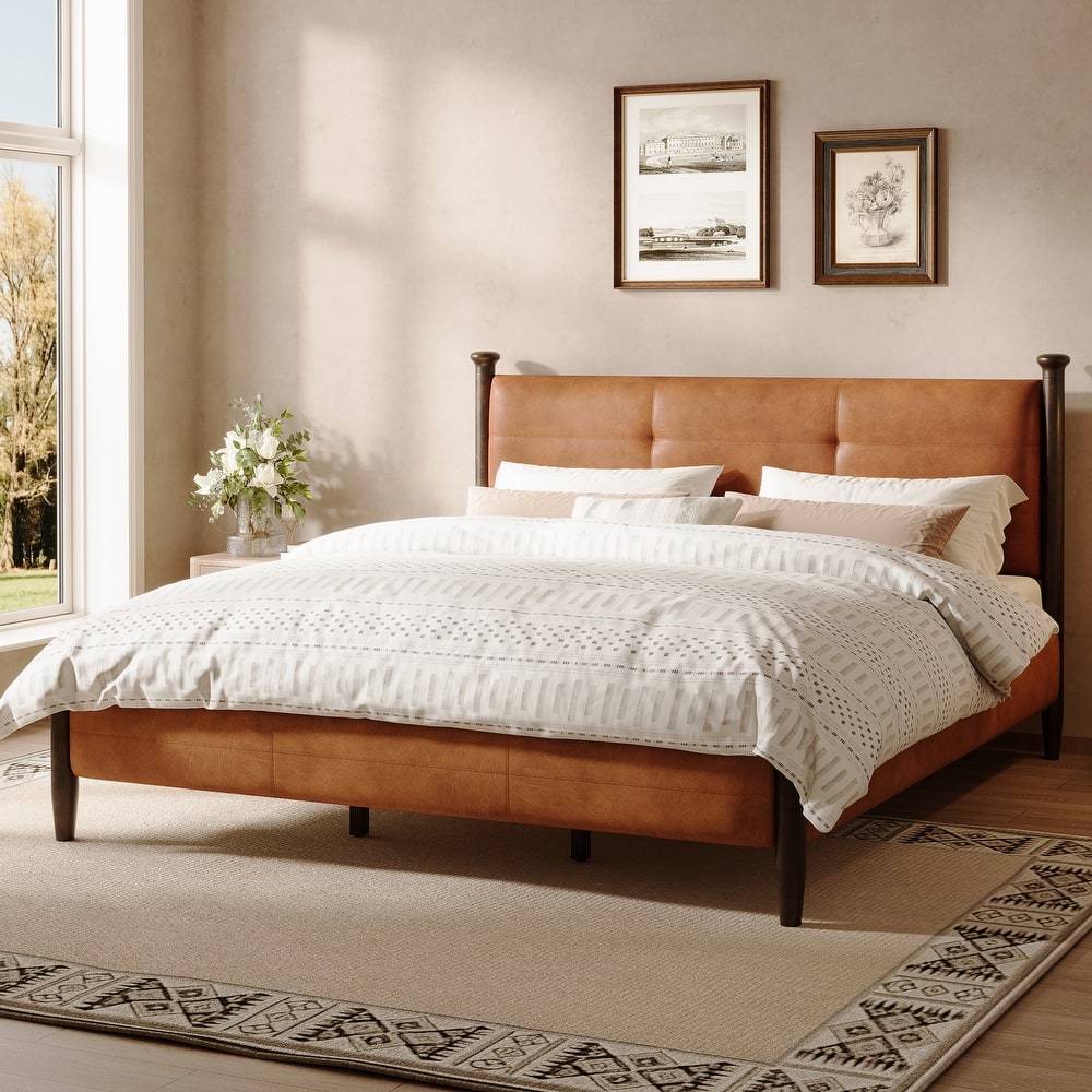 Christopher Knight Home - Sagemont PU Leather Upholstered Platform Bed with Tufted Headboard & Solid Wood Legs