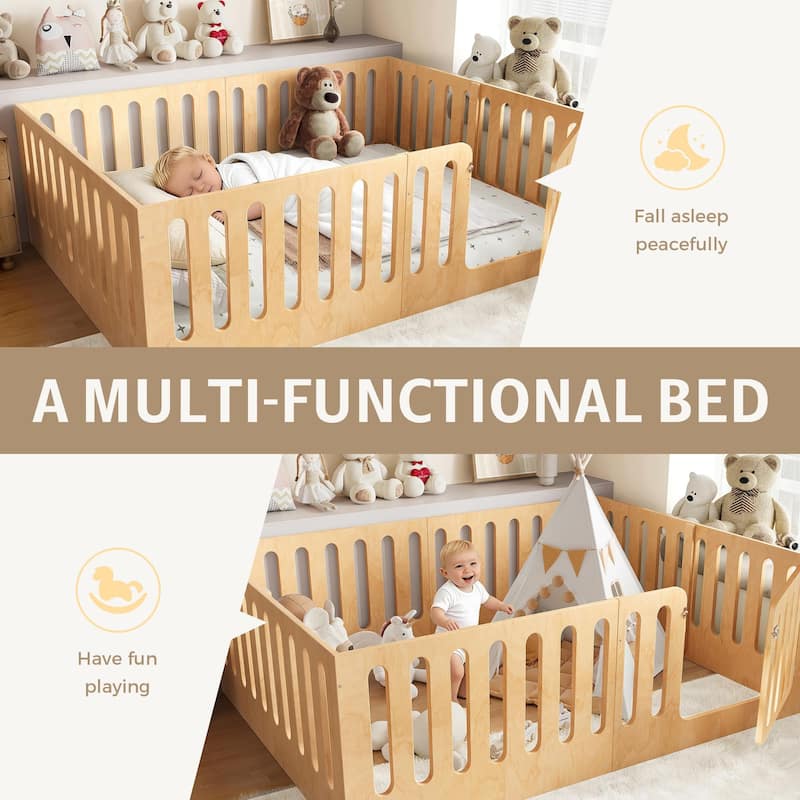 Queen Size Floor Bed with High Fence for Kids, Solid Wood Kids Montessori Bed with Door, No Box Spring Needed Design