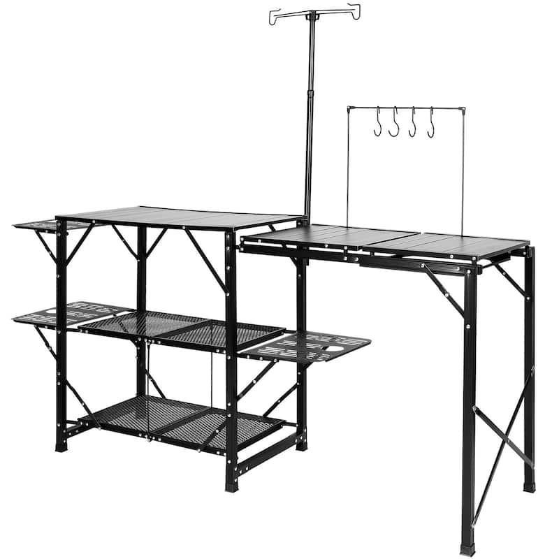 Anmytek Folding Camping Kitchen Table with Sink and Shelves - Black