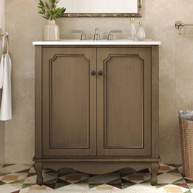 30-Inch Vintage Bathroom Vanity, Rectangle Ceramic Sink, 2 Doors, Solid Wood Legs and Adjustable Shelves - Antique Brown - 30"