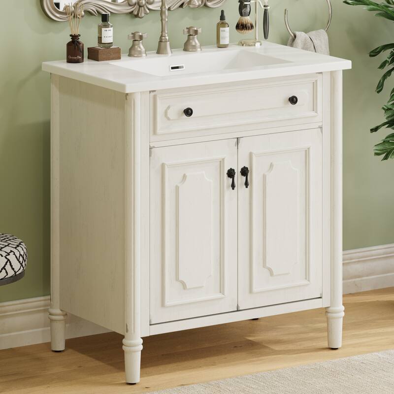 31" Bathroom Vanity with Sink, Rustic Bathroom Cabinet with Soft Close Doors and Adjustable Shelf, Curved Profile Design - Ancient White