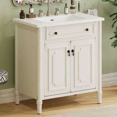31 Inch Vintage Bathroom Vanity with Sink Soft Close Doors Adjustable Shelf Rubber Wood Legs, Curved Profile Design