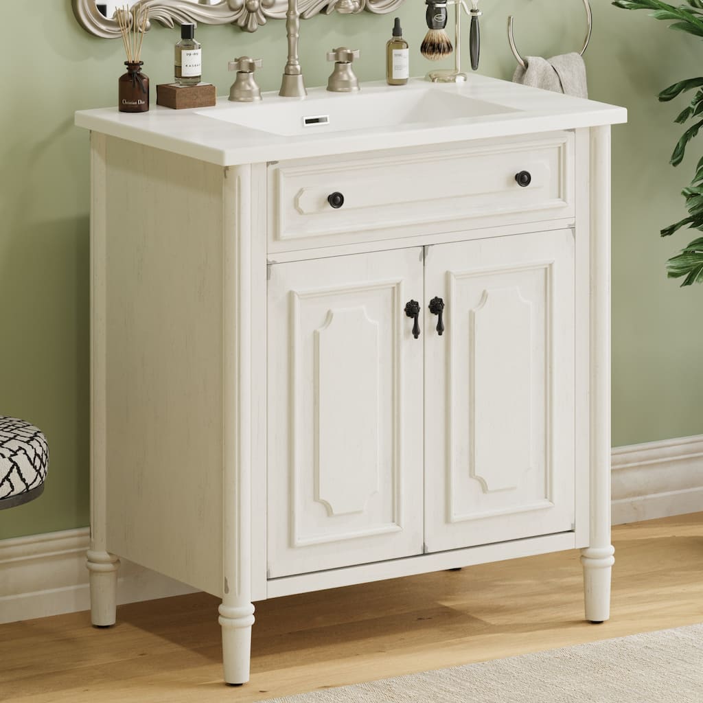 31 Inch Vintage Bathroom Vanity with Sink Soft Close Doors Adjustable Shelf Rubber Wood Legs, Curved Profile Design