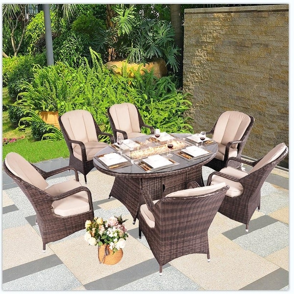 7-Piece Outdoor Gas Fire Pit Set Patio Oval Table with Arm Chairs. Opens flyout.