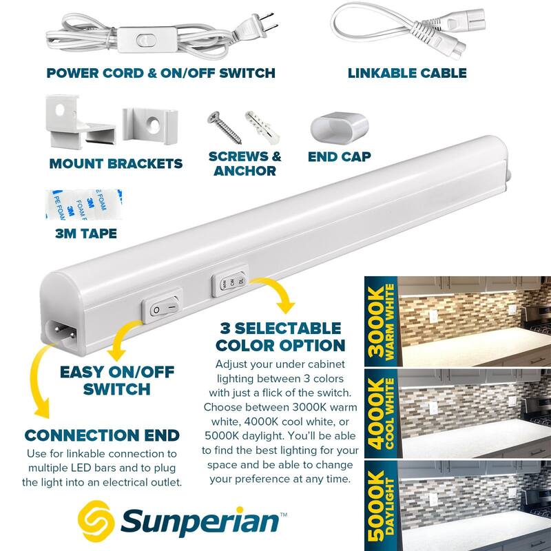 Sunperian LED Under Cabinet Light Kit 12" Plug In 30W Linkable 3 Color Option 3000K/4000K/5000K Damp Rated