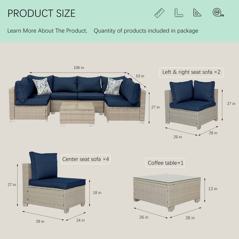 7-Piece PE Rattan Wicker Outdoor Patio Sectional Sofa Set with Cushions and Coffee Table