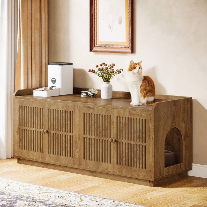 2 Cats Litter Box Enclosure, 55.1-Inch Extra Large Hidden Litter Box Furniture, Wooden XL Cat Washroom Furniture with Storage