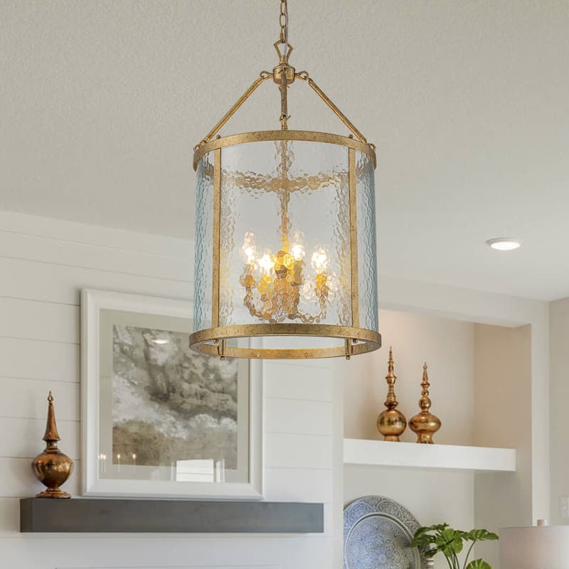 4 - Light Farmhouse Lantern Glass Drum Chandelier for Entryway - Textured Glass - Antique Gold