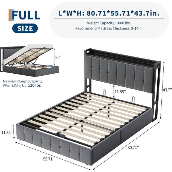 dimension image slide 6 of 12, Bed Frame with Lift Up Storage, Upholstered Velvet Platform Bed with Storage Headboard