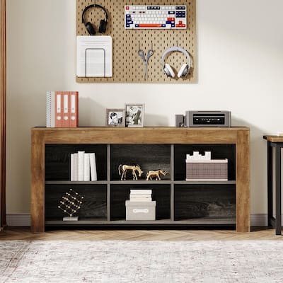 Horizontal Bookcase with 6 Cubes , Rustic Wood Bookshelf