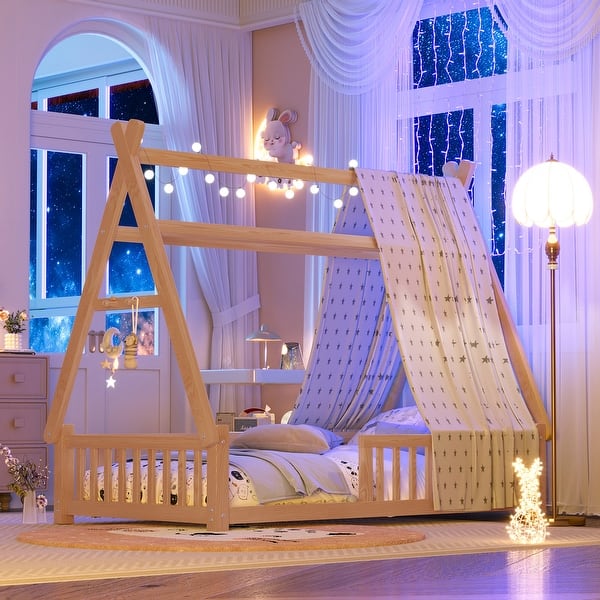 slide 2 of 18, Montessori Low Floor Bed with Fence, Wood Bed Frame with Roof and Safety Guardrail Natural
