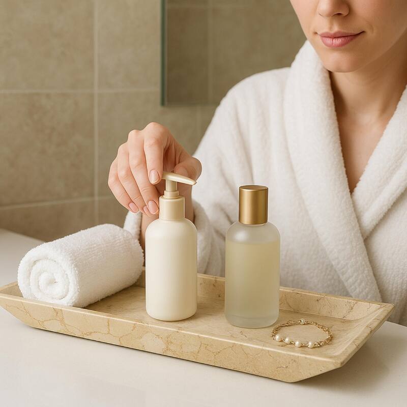 Creative Home Champagne Marble Boat Shaped Vanity Tray, Bath Towel Organizer Tray, Bathroom Accessory Organizer - Beige