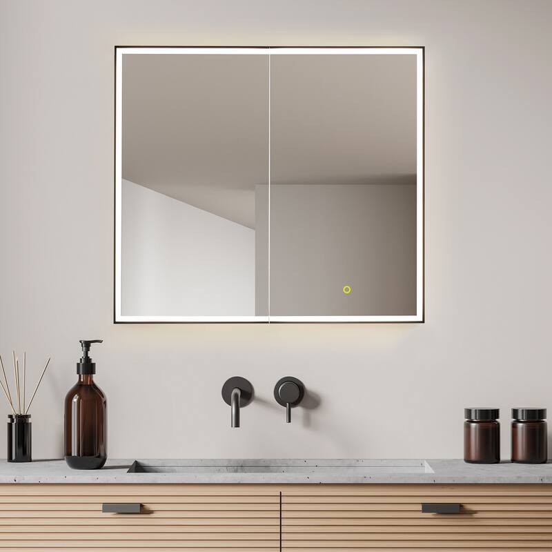Fenice Rectangular Surface-Mount/Reccessed LED Lighted Bathroom Black Aluminum Mirror Medicine Cabinet - 36" x 32"
