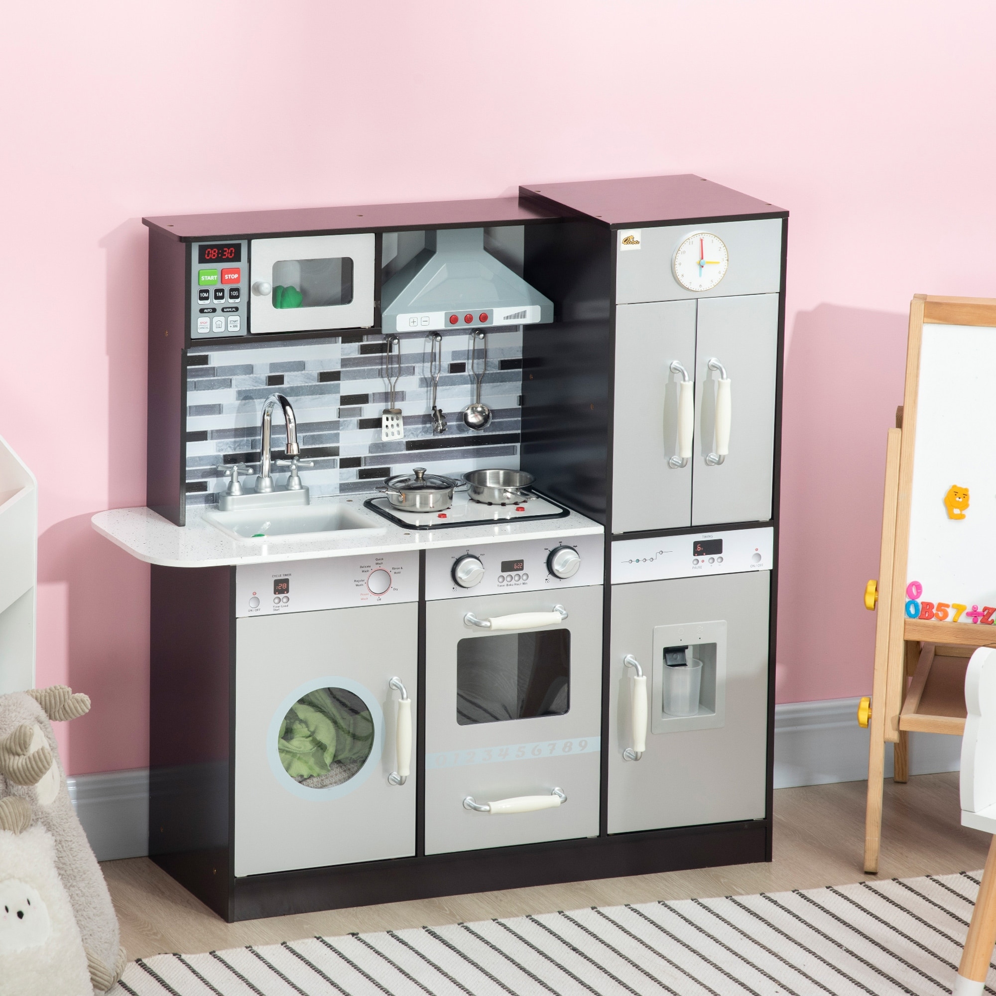 Qaba Wooden Play Kitchen with Lights Sounds, Kids Kitchen Playset with Washing Machine, Water Dispenser, Microwave, Range Hood