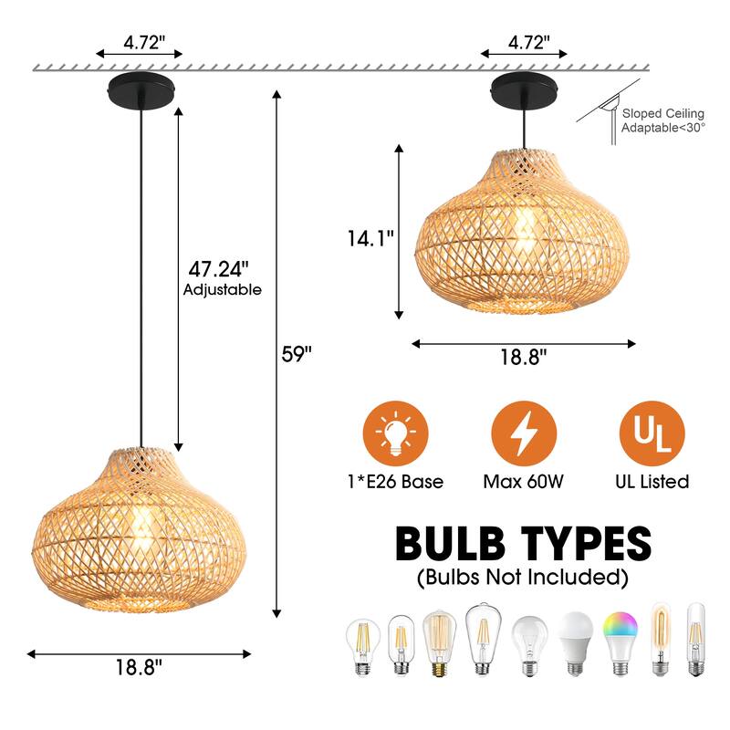 1-Light Boho Brown Rattan Hand-Woven Cloche Hanging Basket Pendant Light - 18.9" W x 59" H