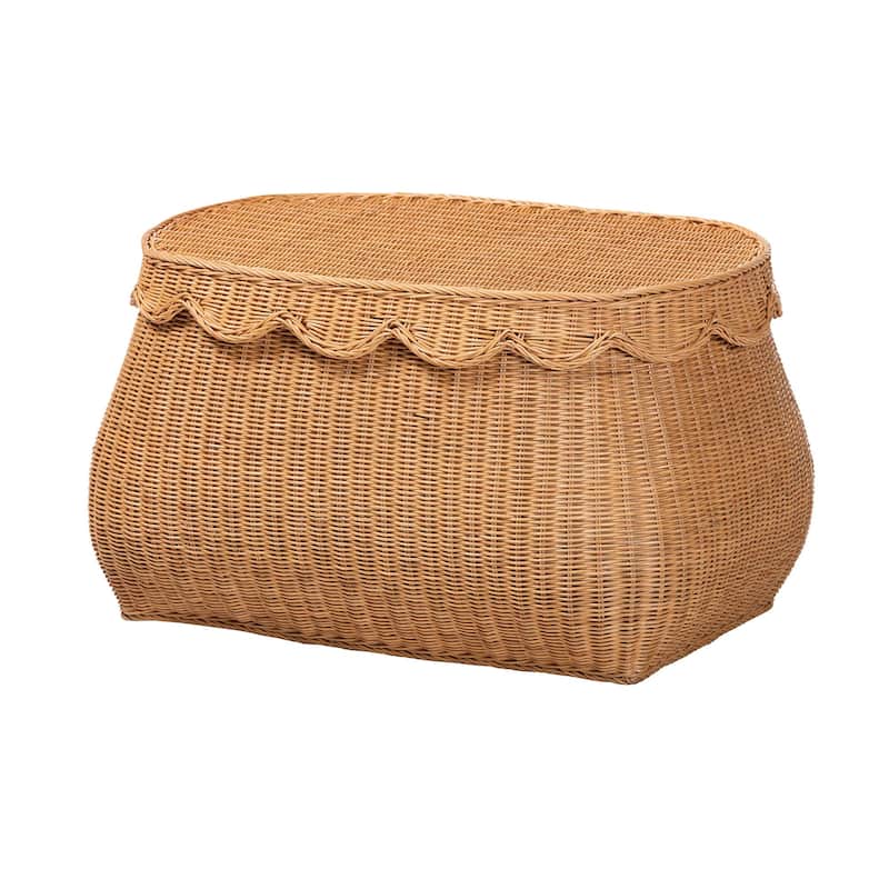 Ayleen Natural Rattan Basket with Scalloped Lid - Handwoven Wicker Storage Box, Boho Coastal Home Décor - Medium