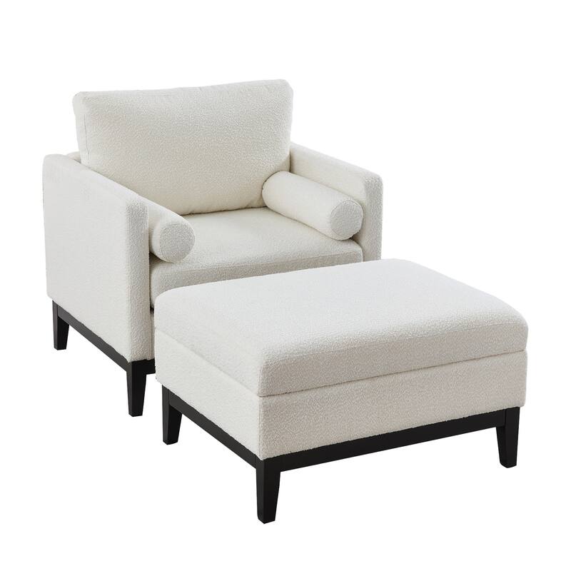 35" Farmhouse Style Boucle Single Sofa Accent Chair with Storage Footstool, Natural Wood Legs for Living Room, Office