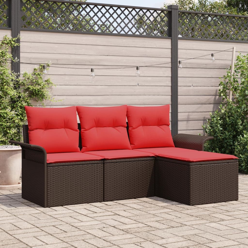 vidaXL 4-Seater Garden Sofa with Cushions Black/Brown/Grey Poly Rattan - 24.4 x 77.2 x 27.2