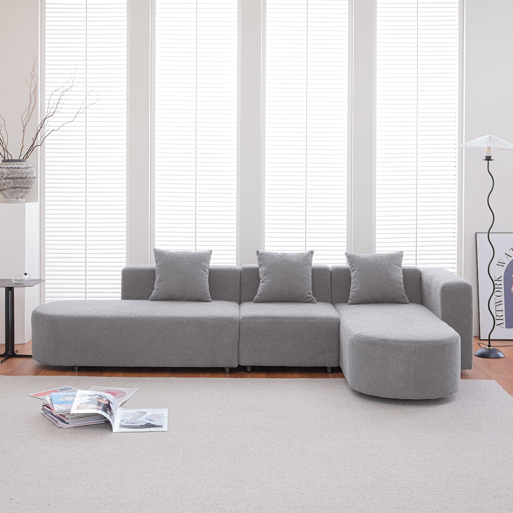 Gray L shape Boucle Sofa with curved seat (facing right)