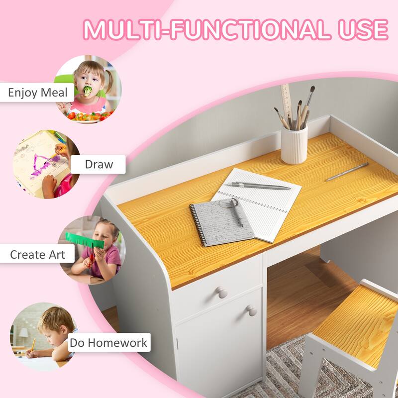 White Children’s Desk and Chair Set with Drawer and Compartment Perfect for Homework or Crafts - 31.5" L x 15.25" W x 23.25" H